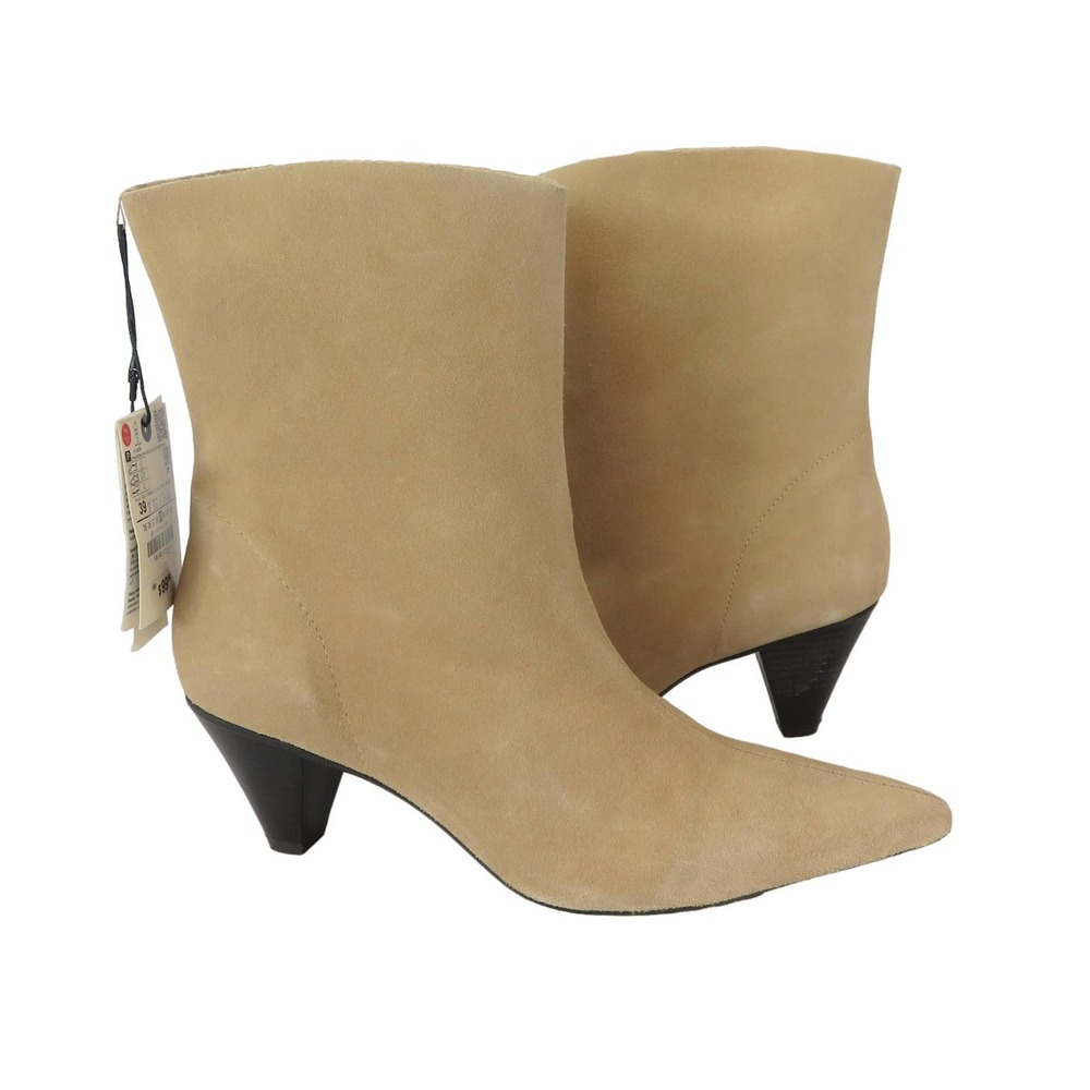 Zara Beige Suede Pointed-Toe Mid-Heel Ankle Boots